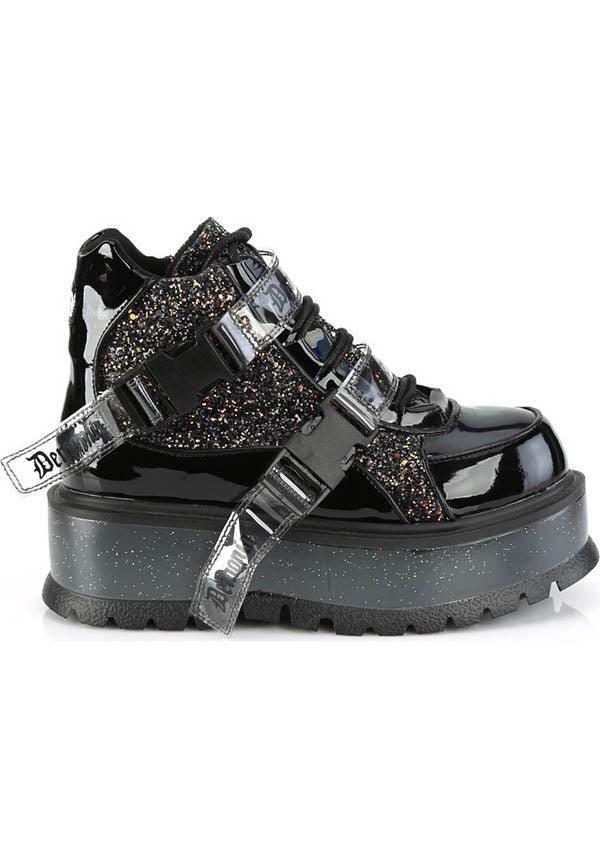 SLACKER-50 [Black Patent] | PLATFORM BOOTS [PREORDER] - Beserk - all, ankle boots, black, boots, boots [preorder], clickfrenzy15-2023, demonia, demonia shoes, discountapp, fp, glitter, labelpreorder, labelvegan, platform boots, platforms, platforms [preorder], ppo, preorder, shoes, vegan