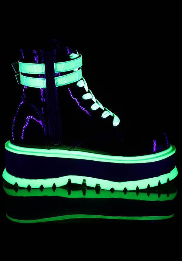 SLACKER-52 [Black Pat/UV Iridescent Green] | PLATFORM BOOTS [PREORDER] - Beserk - 420sale, all, black, boots, boots [preorder], clickfrenzy15-2023, dec19, demonia, demonia shoes, discountapp, fp, green, iridescent, labelpreorder, labelvegan, ladies, platforms, platforms [preorder], pleaserimageupdated, ppo, preorder, price, shoes, vegan
