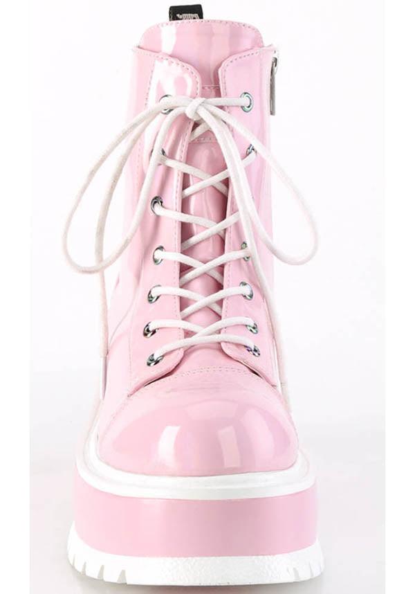 SLACKER-55 [B. Pink Holo Patent] | PLATFORM BOOTS [PREORDER] - Beserk - all, ankle boots, boots, boots [preorder], clickfrenzy15-2023, demonia, demonia shoes, discountapp, fp, holographic, labelpreorder, labelvegan, pastel goth, pastel pink, pink, platform boots, platforms, platforms [preorder], ppo, preorder, shoes, vegan