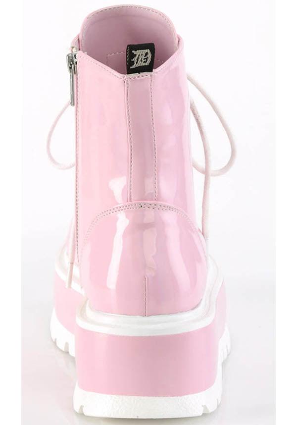 SLACKER-55 [B. Pink Holo Patent] | PLATFORM BOOTS [PREORDER] - Beserk - all, ankle boots, boots, boots [preorder], clickfrenzy15-2023, demonia, demonia shoes, discountapp, fp, holographic, labelpreorder, labelvegan, pastel goth, pastel pink, pink, platform boots, platforms, platforms [preorder], ppo, preorder, shoes, vegan