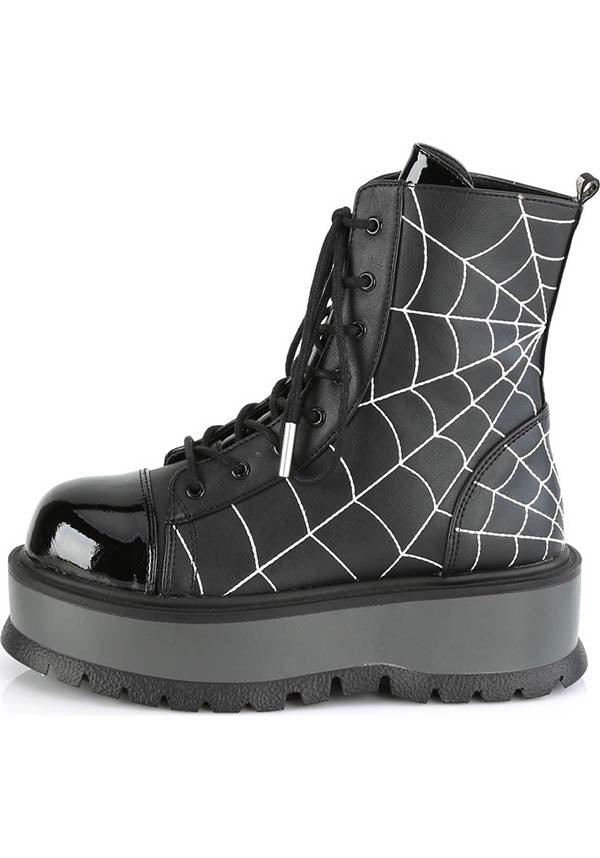SLACKER-88 [Black] | BOOTS [IN STOCK] - Beserk - all, ankle boots, aug20, black, boot, boots, boots [in stock], clickfrenzy15-2023, combat boots, demonia, discountapp, dm18082022, faux leather, fp, goth, gothic, halloween, in stock, instock, labelinstock, labelvegan, leather look, platform, platforms, platforms [in stock], pleaserimageupdated, pleaserrestock, pleather, punk, shoe, shoes, spider, spider web, spiderweb, vegan, winter