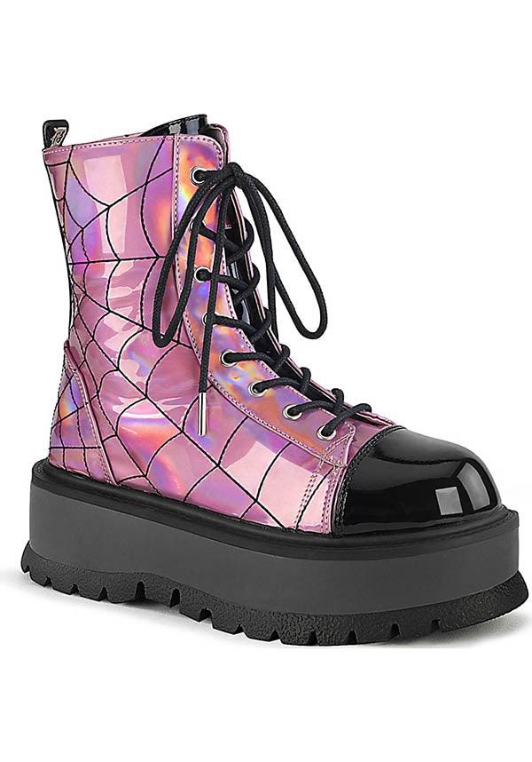 SLACKER-88 [Pink Holo] | BOOTS [PREORDER] - Beserk - all, ankle boots, boot, boots, boots [preorder], clickfrenzy15-2023, combat boots, demonia, demonia shoes, discountapp, fp, goth, gothic, halloween, holo, hologram, holographic, labelpreorder, labelvegan, pastel, pastel goth, pastel pink, platform, platforms, platforms [preorder], ppo, preorder, shoes, spider web, spiderweb, vegan, web, webs