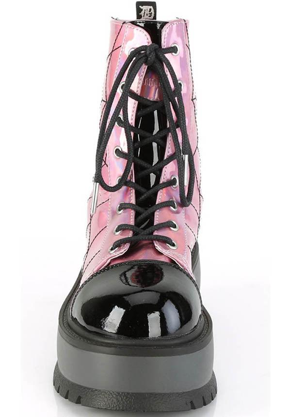 SLACKER-88 [Pink Holo] | BOOTS [PREORDER] - Beserk - all, ankle boots, boot, boots, boots [preorder], clickfrenzy15-2023, combat boots, demonia, demonia shoes, discountapp, fp, goth, gothic, halloween, holo, hologram, holographic, labelpreorder, labelvegan, pastel, pastel goth, pastel pink, platform, platforms, platforms [preorder], ppo, preorder, shoes, spider web, spiderweb, vegan, web, webs