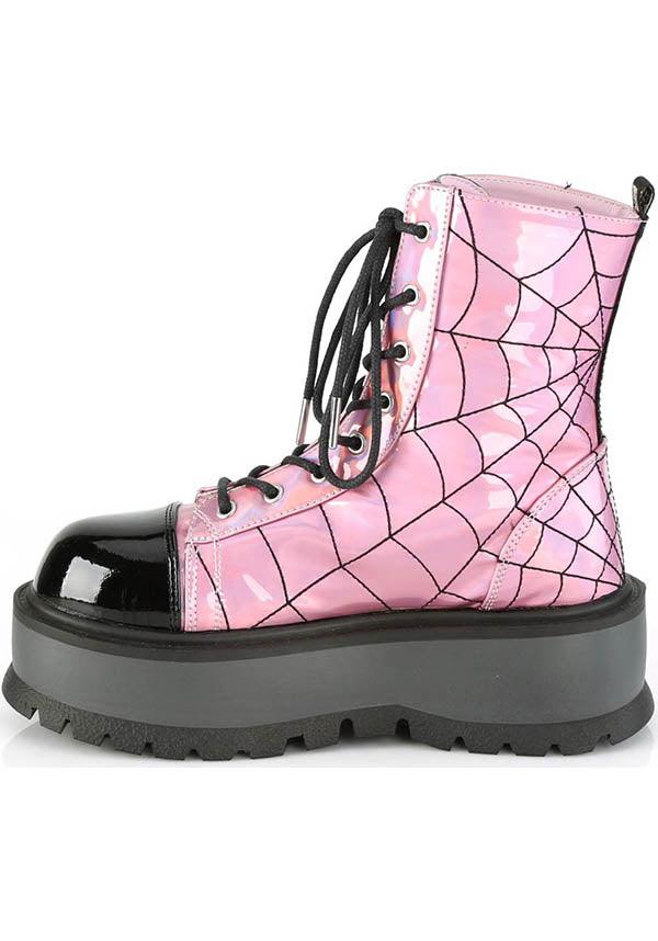 SLACKER-88 [Pink Holo] | BOOTS [PREORDER] - Beserk - all, ankle boots, boot, boots, boots [preorder], clickfrenzy15-2023, combat boots, demonia, demonia shoes, discountapp, fp, goth, gothic, halloween, holo, hologram, holographic, labelpreorder, labelvegan, pastel, pastel goth, pastel pink, platform, platforms, platforms [preorder], ppo, preorder, shoes, spider web, spiderweb, vegan, web, webs