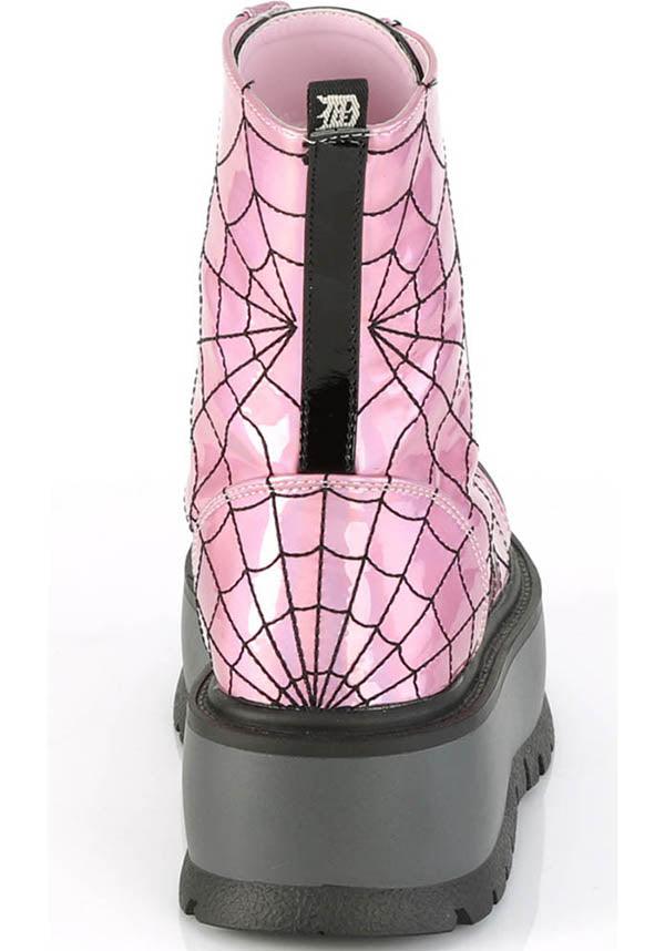 SLACKER-88 [Pink Holo] | BOOTS [PREORDER] - Beserk - all, ankle boots, boot, boots, boots [preorder], clickfrenzy15-2023, combat boots, demonia, demonia shoes, discountapp, fp, goth, gothic, halloween, holo, hologram, holographic, labelpreorder, labelvegan, pastel, pastel goth, pastel pink, platform, platforms, platforms [preorder], ppo, preorder, shoes, spider web, spiderweb, vegan, web, webs