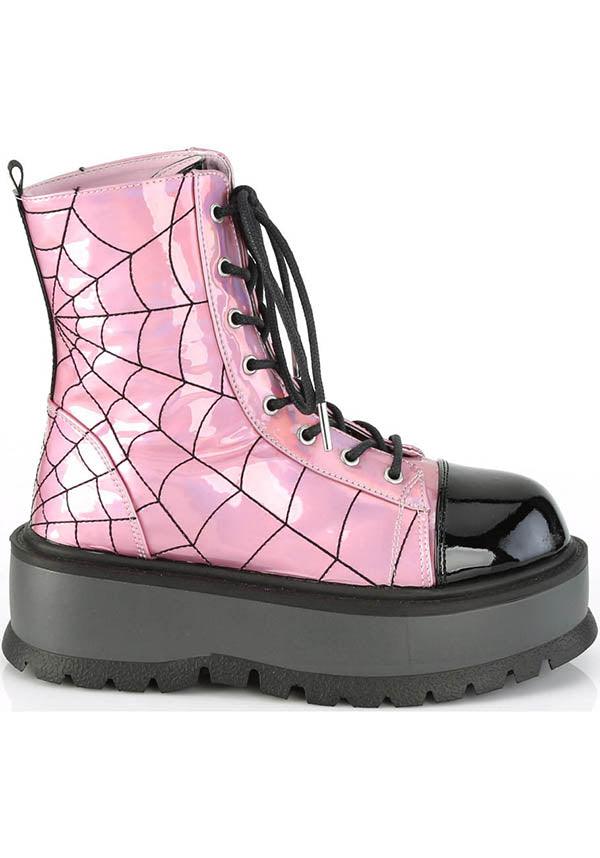 SLACKER-88 [Pink Holo] | BOOTS [PREORDER] - Beserk - all, ankle boots, boot, boots, boots [preorder], clickfrenzy15-2023, combat boots, demonia, demonia shoes, discountapp, fp, goth, gothic, halloween, holo, hologram, holographic, labelpreorder, labelvegan, pastel, pastel goth, pastel pink, platform, platforms, platforms [preorder], ppo, preorder, shoes, spider web, spiderweb, vegan, web, webs