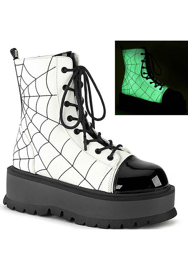 SLACKER-88 [White Glow] | BOOTS [PREORDER] - Beserk - all, ankle boots, black and white, boot, boots, boots [preorder], clickfrenzy15-2023, combat boots, demonia, demonia shoes, discountapp, fp, glow, glow in the dark, goth, gothic, halloween, labelpreorder, labelvegan, platform, platforms, platforms [preorder], ppo, preorder, punk, shoes, vegan, white