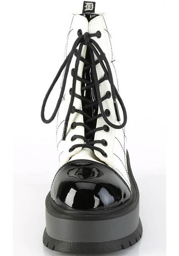 SLACKER-88 [White Glow] | BOOTS [PREORDER] - Beserk - all, ankle boots, black and white, boot, boots, boots [preorder], clickfrenzy15-2023, combat boots, demonia, demonia shoes, discountapp, fp, glow, glow in the dark, goth, gothic, halloween, labelpreorder, labelvegan, platform, platforms, platforms [preorder], ppo, preorder, punk, shoes, vegan, white