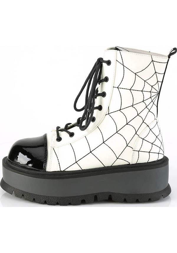 SLACKER-88 [White Glow] | BOOTS [PREORDER] - Beserk - all, ankle boots, black and white, boot, boots, boots [preorder], clickfrenzy15-2023, combat boots, demonia, demonia shoes, discountapp, fp, glow, glow in the dark, goth, gothic, halloween, labelpreorder, labelvegan, platform, platforms, platforms [preorder], ppo, preorder, punk, shoes, vegan, white