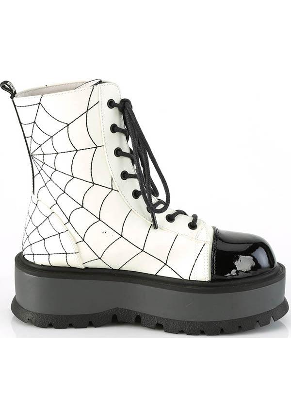 SLACKER-88 [White Glow] | BOOTS [PREORDER] - Beserk - all, ankle boots, black and white, boot, boots, boots [preorder], clickfrenzy15-2023, combat boots, demonia, demonia shoes, discountapp, fp, glow, glow in the dark, goth, gothic, halloween, labelpreorder, labelvegan, platform, platforms, platforms [preorder], ppo, preorder, punk, shoes, vegan, white