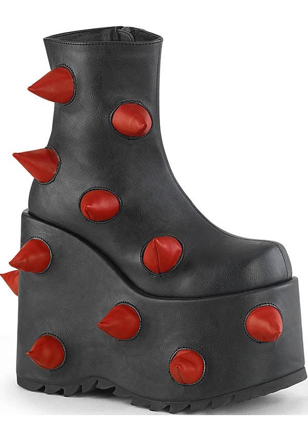 SLAY-77 [Black/Red] | PLATFORM BOOTS [PREORDER] - Beserk - all, all ladies, black, boots, boots [preorder], clickfrenzy15-2023, demonia, demonia shoes, discountapp, fp, goth, gothic, labelpreorder, labelvegan, ladies, platform, platforms, platforms [preorder], ppo, preorder, red, shoes, spike, spiked, spiked shoe, spikes, spikey, vegan