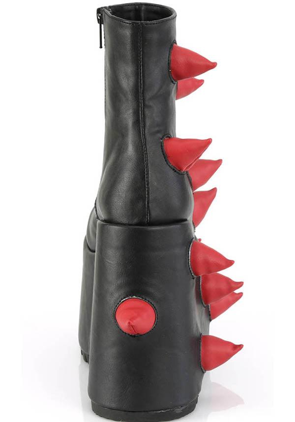 SLAY-77 [Black/Red] | PLATFORM BOOTS [PREORDER] - Beserk - all, all ladies, black, boots, boots [preorder], clickfrenzy15-2023, demonia, demonia shoes, discountapp, fp, goth, gothic, labelpreorder, labelvegan, ladies, platform, platforms, platforms [preorder], ppo, preorder, red, shoes, spike, spiked, spiked shoe, spikes, spikey, vegan