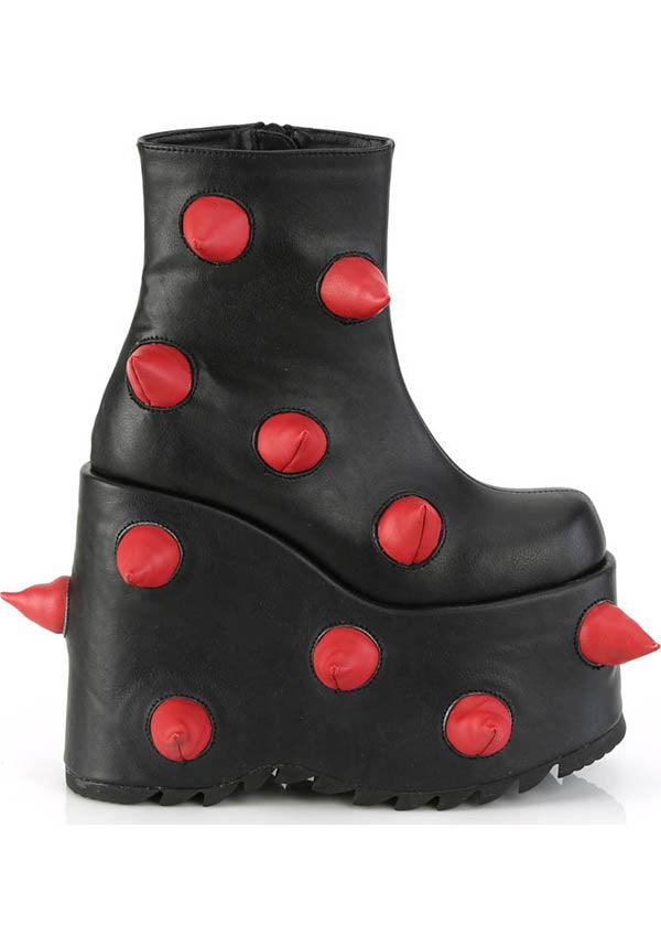 SLAY-77 [Black/Red] | PLATFORM BOOTS [PREORDER] - Beserk - all, all ladies, black, boots, boots [preorder], clickfrenzy15-2023, demonia, demonia shoes, discountapp, fp, goth, gothic, labelpreorder, labelvegan, ladies, platform, platforms, platforms [preorder], ppo, preorder, red, shoes, spike, spiked, spiked shoe, spikes, spikey, vegan
