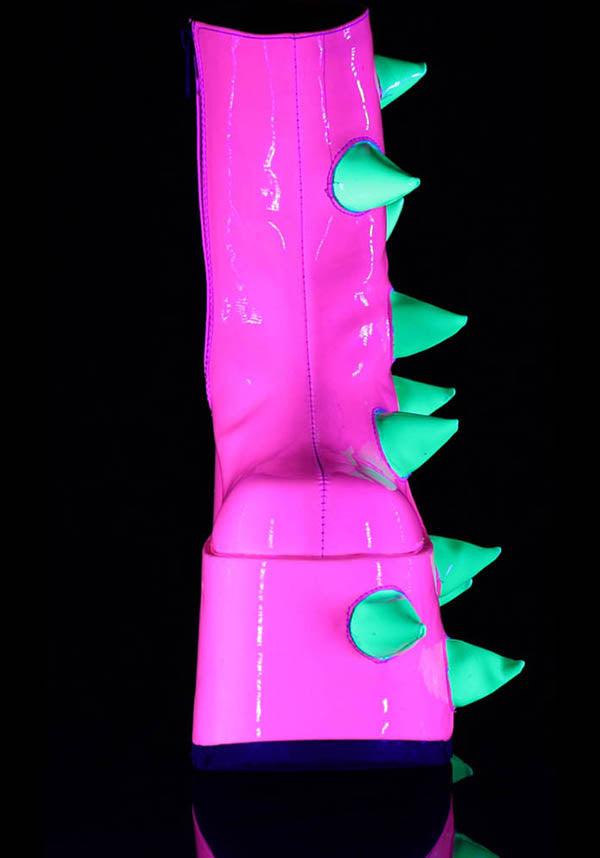 Demonia Shoes SLAY-77 UV Neon Pink-Neon Green Platform Boots