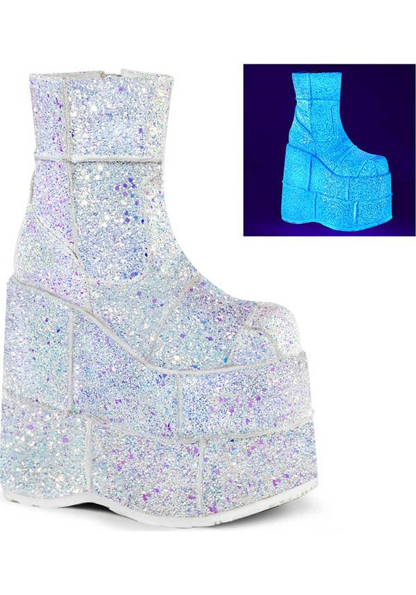 STACK-201G [White Multi Glitter] | PLATFORM BOOTS [PREORDER] - Beserk - all, boots, boots [preorder], clickfrenzy15-2023, demonia, demonia shoes, discountapp, fp, glitter, labelpreorder, labelvegan, nov18, platform boots, platforms, platforms [preorder], ppo, preorder, shoes, vegan, white