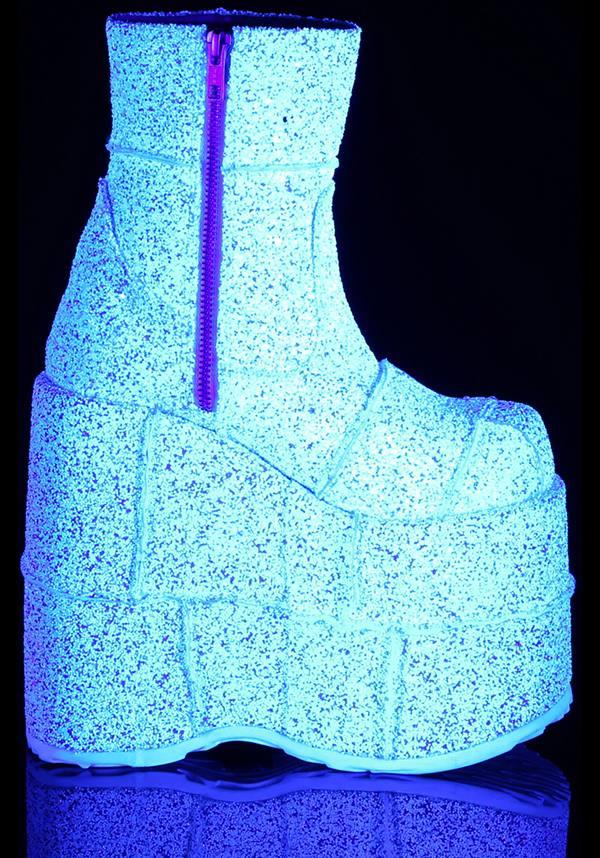 STACK-201G [White Multi Glitter] | PLATFORM BOOTS [PREORDER] - Beserk - all, boots, boots [preorder], clickfrenzy15-2023, demonia, demonia shoes, discountapp, fp, glitter, labelpreorder, labelvegan, nov18, platform boots, platforms, platforms [preorder], ppo, preorder, shoes, vegan, white