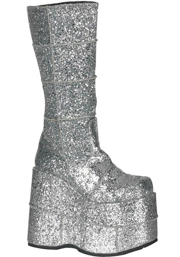 STACK-301G [Silver] | PLATFORM BOOTS [PREORDER] - Beserk - all, boots, boots [preorder], clickfrenzy15-2023, demonia, demonia shoes, discountapp, fp, glitter, labelpreorder, labelvegan, nov18, platforms, platforms [preorder], ppo, preorder, shoes, silver, vegan