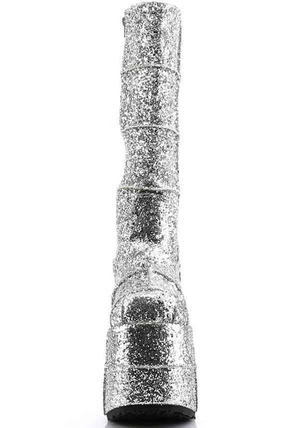 STACK-301G [Silver] | PLATFORM BOOTS [PREORDER] - Beserk - all, boots, boots [preorder], clickfrenzy15-2023, demonia, demonia shoes, discountapp, fp, glitter, labelpreorder, labelvegan, nov18, platforms, platforms [preorder], ppo, preorder, shoes, silver, vegan