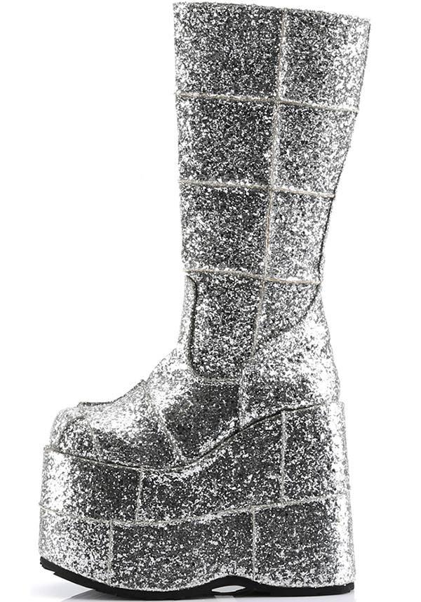 STACK-301G [Silver] | PLATFORM BOOTS [PREORDER] - Beserk - all, boots, boots [preorder], clickfrenzy15-2023, demonia, demonia shoes, discountapp, fp, glitter, labelpreorder, labelvegan, nov18, platforms, platforms [preorder], ppo, preorder, shoes, silver, vegan