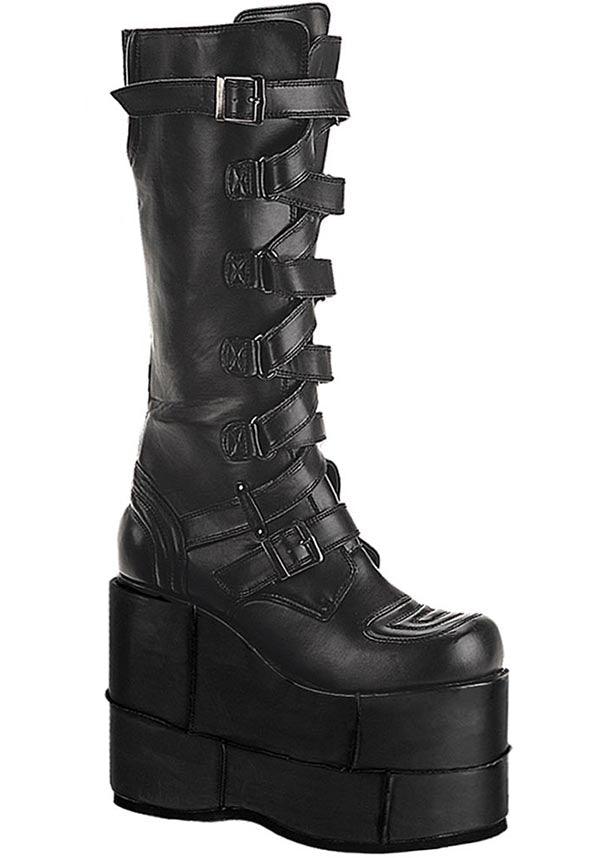 STACK-308 [Black] | PLATFORM BOOTS [PREORDER] - Beserk - all, black, boot, boots, boots [preorder], clickfrenzy15-2023, demonia, demonia shoes, discountapp, fp, goth, gothic, grunge, jan23, knee high boots, labelpreorder, labelvegan, platform, platform boots, platforms, platforms [preorder], ppo, preorder, shoe, shoes, strap, strappy, vegan