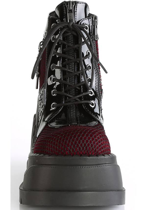 STOMP-18 [Black Pat/ Burgundy Velvet] | PLATFORM BOOTS [PREORDER] - Beserk - 01062020, all, ankle boots, black, boots, boots [preorder], burgandy, burgundy, charms, clickfrenzy15-2023, demonia, discountapp, feb18, fp, labelpreorder, labelvegan, pentagram, platform boots, platforms, platforms [preorder], pleaserimageupdated, ppo, preorder, red, shoes, spider, vegan