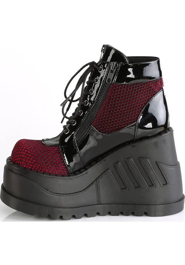 STOMP-18 [Black Pat/ Burgundy Velvet] | PLATFORM BOOTS [PREORDER] - Beserk - 01062020, all, ankle boots, black, boots, boots [preorder], burgandy, burgundy, charms, clickfrenzy15-2023, demonia, discountapp, feb18, fp, labelpreorder, labelvegan, pentagram, platform boots, platforms, platforms [preorder], pleaserimageupdated, ppo, preorder, red, shoes, spider, vegan