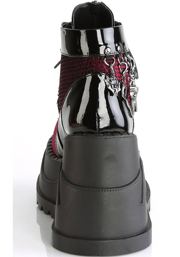 STOMP-18 [Black Pat/ Burgundy Velvet] | PLATFORM BOOTS [PREORDER] - Beserk - 01062020, all, ankle boots, black, boots, boots [preorder], burgandy, burgundy, charms, clickfrenzy15-2023, demonia, discountapp, feb18, fp, labelpreorder, labelvegan, pentagram, platform boots, platforms, platforms [preorder], pleaserimageupdated, ppo, preorder, red, shoes, spider, vegan
