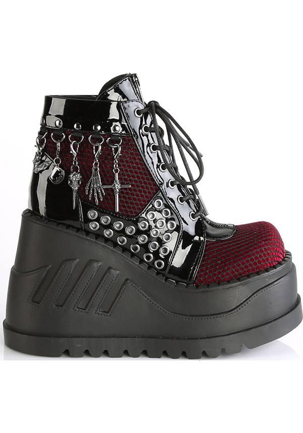 STOMP-18 [Black Pat/ Burgundy Velvet] | PLATFORM BOOTS [PREORDER] - Beserk - 01062020, all, ankle boots, black, boots, boots [preorder], burgandy, burgundy, charms, clickfrenzy15-2023, demonia, discountapp, feb18, fp, labelpreorder, labelvegan, pentagram, platform boots, platforms, platforms [preorder], pleaserimageupdated, ppo, preorder, red, shoes, spider, vegan
