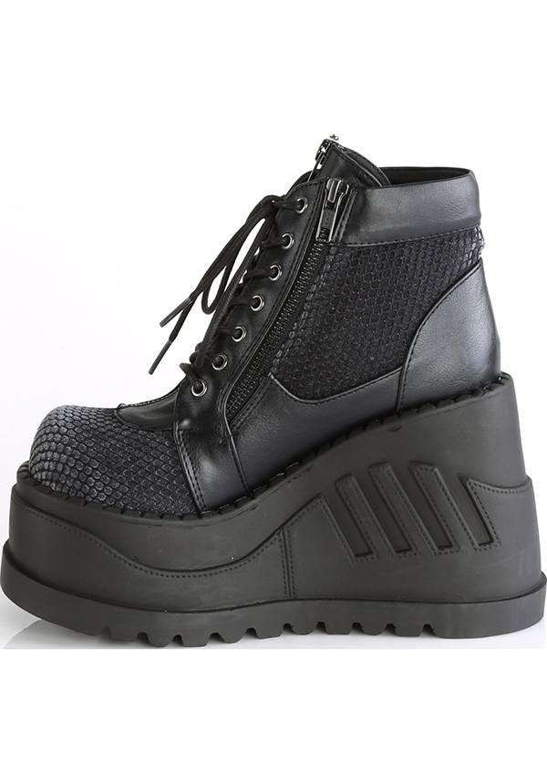 STOMP-18 [Black] | PLATFORM BOOTS [PREORDER] - Beserk - all, apr18, black, boots, boots [preorder], charms, clickfrenzy15-2023, demonia, demonia shoes, discountapp, fp, grey, labelpreorder, labelvegan, pentagram, platform boots, platforms, platforms [preorder], pleaserimageupdated, ppo, preorder, shoes, skull, spider, vegan