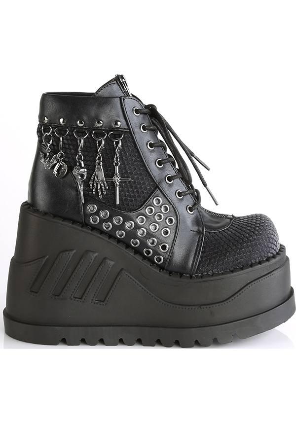 STOMP-18 [Black] | PLATFORM BOOTS [PREORDER] - Beserk - all, apr18, black, boots, boots [preorder], charms, clickfrenzy15-2023, demonia, demonia shoes, discountapp, fp, grey, labelpreorder, labelvegan, pentagram, platform boots, platforms, platforms [preorder], pleaserimageupdated, ppo, preorder, shoes, skull, spider, vegan
