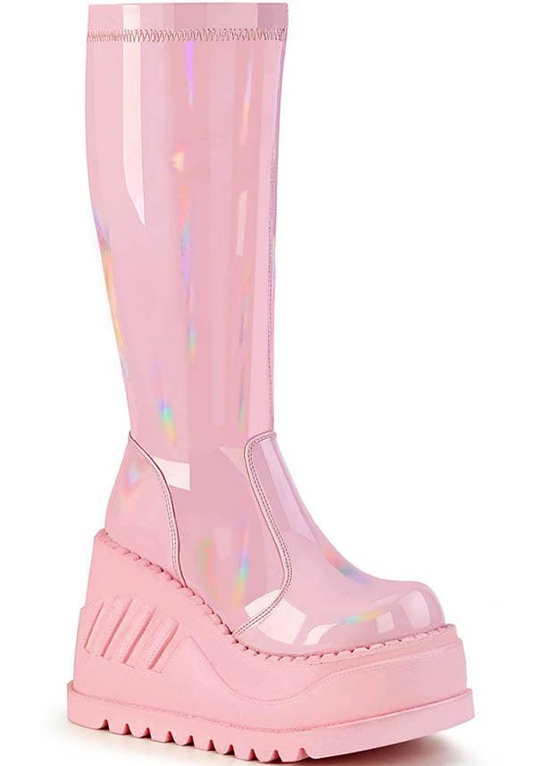 STOMP-200 [Pink Holo] | PLATFORM BOOTS [PREORDER] - Beserk - all, boot, boots, boots [preorder], clickfrenzy15-2023, cute, demonia, demonia shoes, discountapp, fp, harajuku, holo, hologram, holographic, kawaii, knee high boots, labelpreorder, labelvegan, may21, pastel, pastel goth, pastel pink, pink, platform, platforms, platforms [preorder], ppo, preorder, shoes, vegan