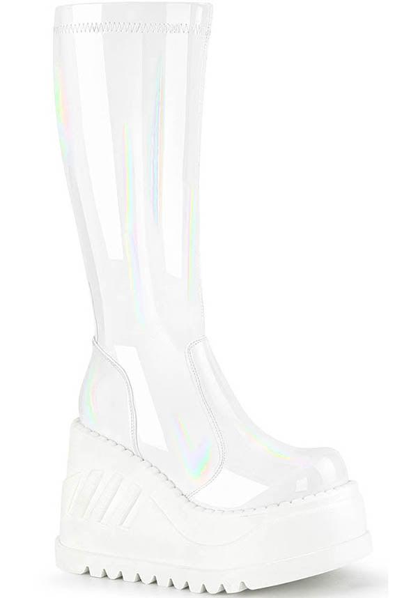STOMP-200 [White Holo] | PLATFORM BOOTS [PREORDER] - Beserk - all, boot, boots, boots [preorder], clickfrenzy15-2023, cyber, demonia, demonia shoes, discountapp, fp, harajuku, holo, hologram, holographic, knee high boots, labelpreorder, labelvegan, may21, platform, platforms, platforms [preorder], ppo, preorder, shoes, vegan, white