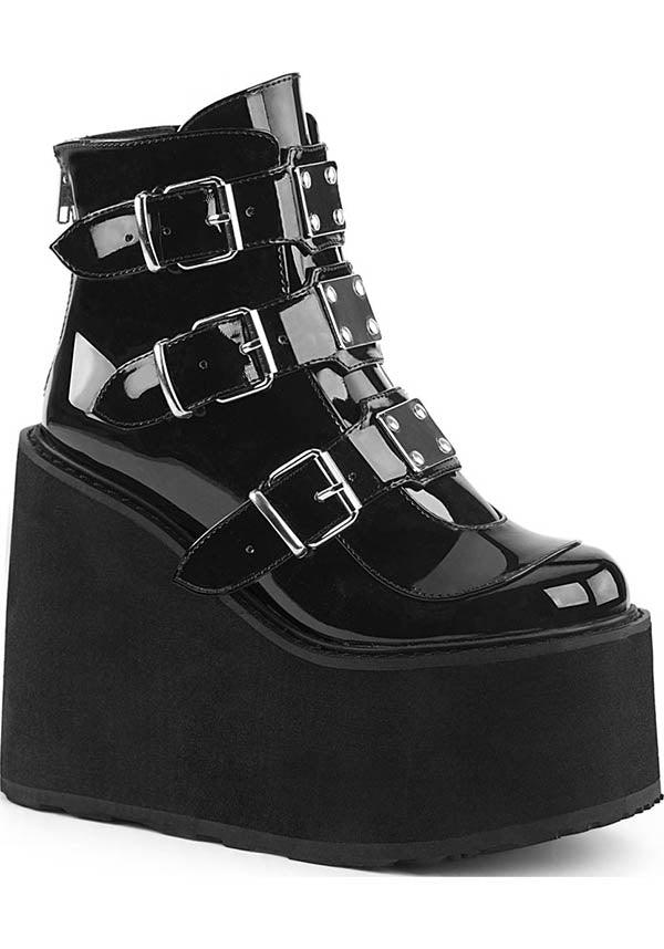 SWING-105 [Black Patent] | PLATFORM BOOTS [PREORDER] - Beserk - all, ankle boots, black, boot, boots, boots [preorder], clickfrenzy15-2023, demonia, demonia shoes, discountapp, feb18, fp, goth, gothic, halloween, harajuku, labelpreorder, labelvegan, platform, platforms, platforms [preorder], pleaserimageupdated, ppo, preorder, punk, shiny, shoes, techwear, vegan