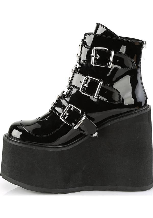 SWING-105 [Black Patent] | PLATFORM BOOTS [PREORDER] - Beserk - all, ankle boots, black, boot, boots, boots [preorder], clickfrenzy15-2023, demonia, demonia shoes, discountapp, feb18, fp, goth, gothic, halloween, harajuku, labelpreorder, labelvegan, platform, platforms, platforms [preorder], pleaserimageupdated, ppo, preorder, punk, shiny, shoes, techwear, vegan