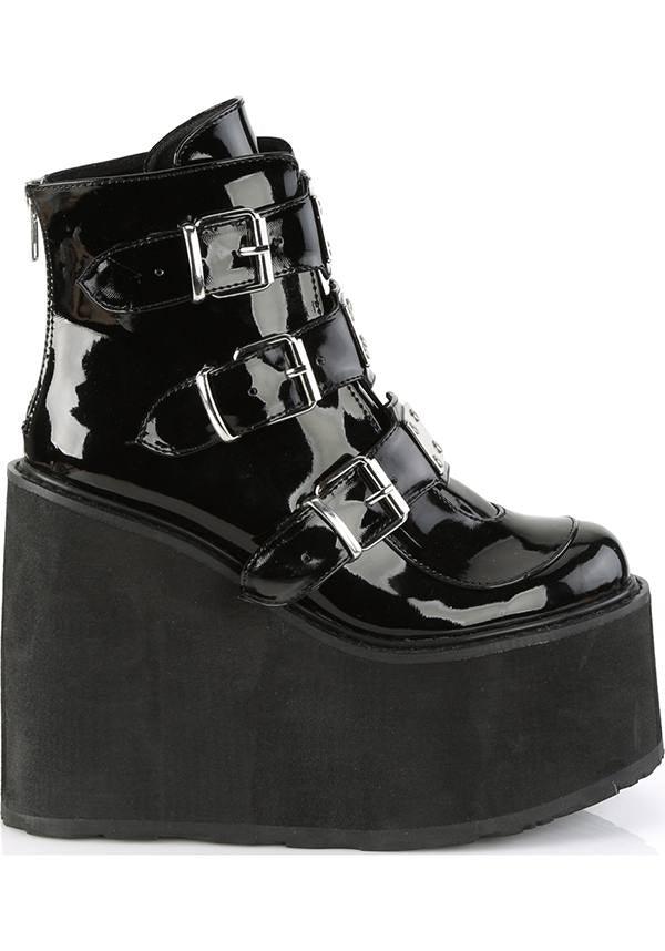 SWING-105 [Black Patent] | PLATFORM BOOTS [PREORDER] - Beserk - all, ankle boots, black, boot, boots, boots [preorder], clickfrenzy15-2023, demonia, demonia shoes, discountapp, feb18, fp, goth, gothic, halloween, harajuku, labelpreorder, labelvegan, platform, platforms, platforms [preorder], pleaserimageupdated, ppo, preorder, punk, shiny, shoes, techwear, vegan