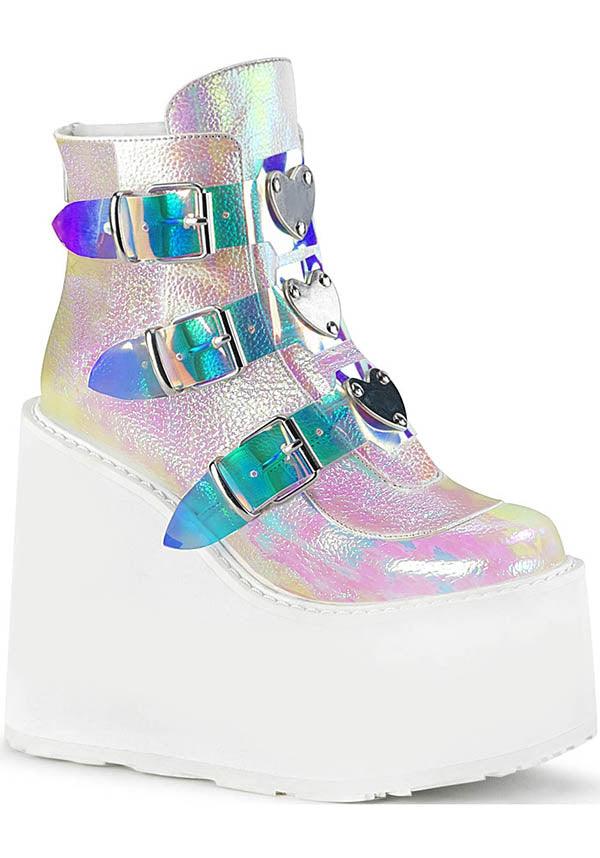 SWING-105 [Pearl Iridescent] | PLATFORM BOOTS [PREORDER] - Beserk - all, apr19, boots, boots [preorder], clickfrenzy15-2023, demonia, demonia shoes, discountapp, fp, kawaii, labelpreorder, labelvegan, multicolour, pastel goth, platforms, platforms [preorder], pleaserimageupdated, ppo, preorder, shoes, vegan, white