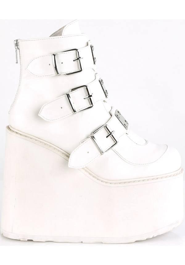 SWING-105 [White] | PLATFORM BOOTS [PREORDER] - Beserk - all, ankle boots, boot, boots, boots [preorder], clickfrenzy15-2023, cyber, demonia, demonia shoes, discountapp, fp, goth, gothic, harajuku, labelpreorder, labelvegan, mar18, pastel goth, platform, platforms, platforms [preorder], pleaserimageupdated, ppo, preorder, shoes, vegan, white