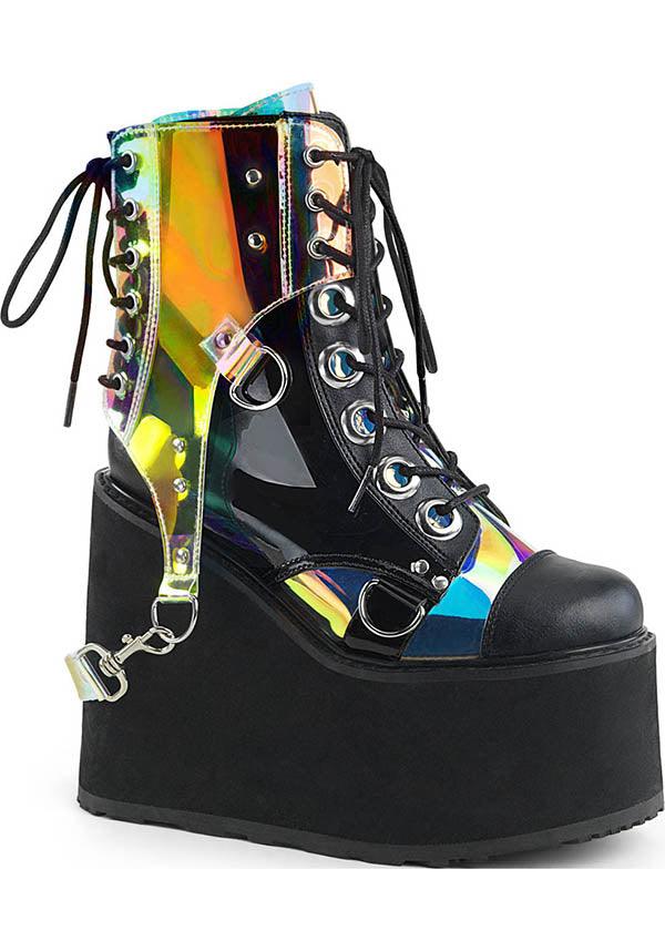 SWING-115 [Black/ Clear Hologram] | PLATFORM BOOTS [PREORDER] - Beserk - all, black, boots, boots [preorder], clickfrenzy15-2023, dec17, demonia, demonia shoes, discountapp, fp, labelpreorder, labelvegan, platforms, platforms [preorder], pleaserimageupdated, ppo, preorder, shoes, vegan