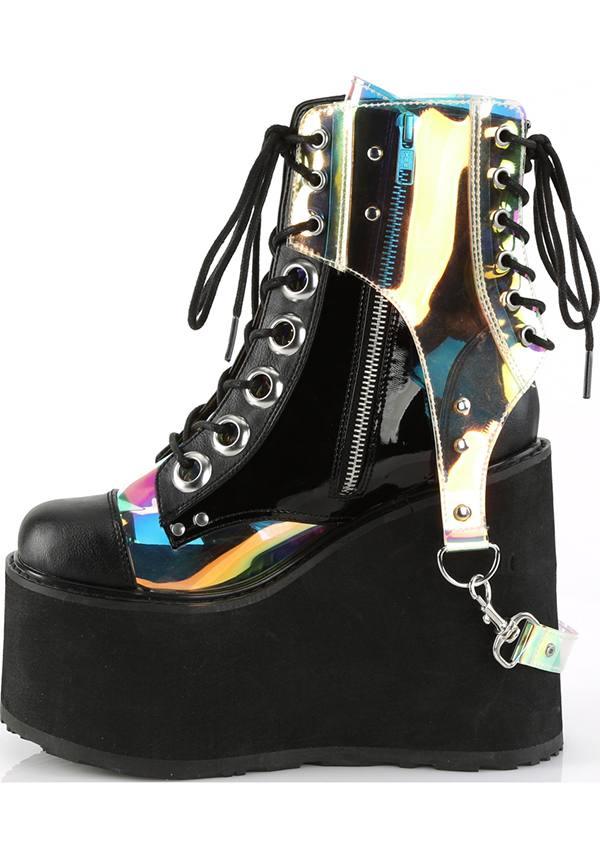 SWING-115 [Black/ Clear Hologram] | PLATFORM BOOTS [PREORDER] - Beserk - all, black, boots, boots [preorder], clickfrenzy15-2023, dec17, demonia, demonia shoes, discountapp, fp, labelpreorder, labelvegan, platforms, platforms [preorder], pleaserimageupdated, ppo, preorder, shoes, vegan
