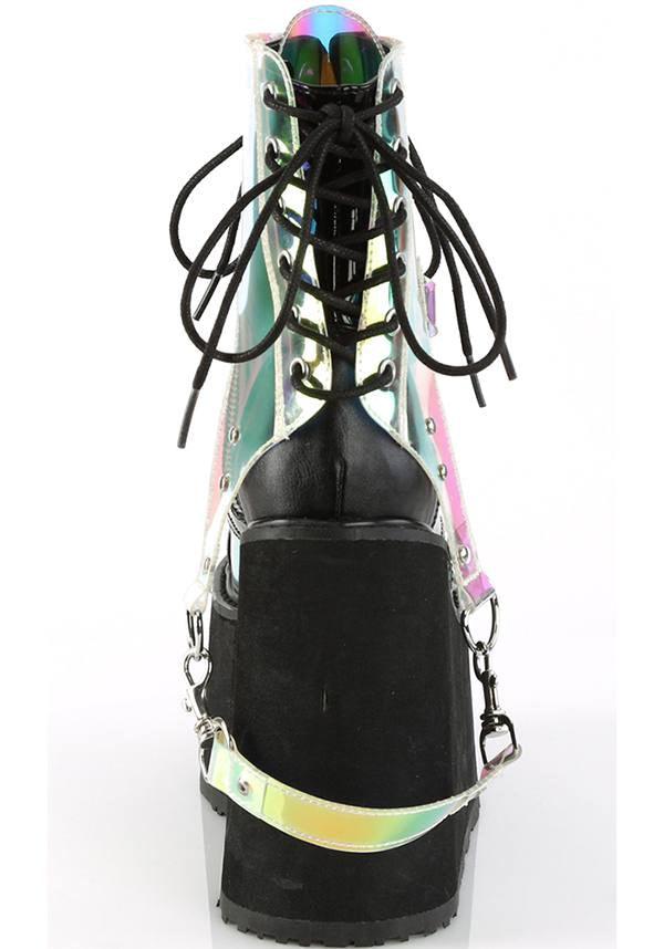 SWING-115 [Black/ Clear Hologram] | PLATFORM BOOTS [PREORDER] - Beserk - all, black, boots, boots [preorder], clickfrenzy15-2023, dec17, demonia, demonia shoes, discountapp, fp, labelpreorder, labelvegan, platforms, platforms [preorder], pleaserimageupdated, ppo, preorder, shoes, vegan
