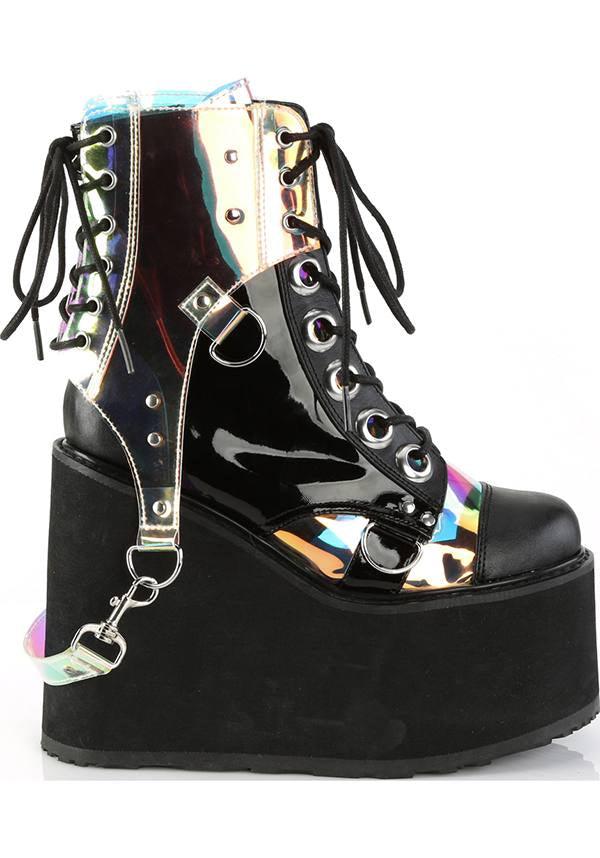 SWING-115 [Black/ Clear Hologram] | PLATFORM BOOTS [PREORDER] - Beserk - all, black, boots, boots [preorder], clickfrenzy15-2023, dec17, demonia, demonia shoes, discountapp, fp, labelpreorder, labelvegan, platforms, platforms [preorder], pleaserimageupdated, ppo, preorder, shoes, vegan