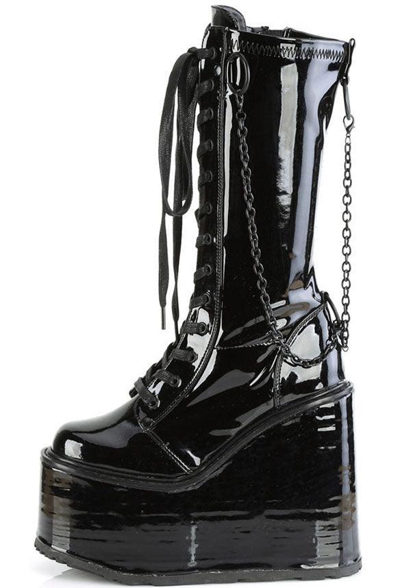 SWING-150 [Black Patent] | PLATFORM BOOTS [PREORDER] - Beserk - all, all ladies, black, boots, boots [preorder], chain, clickfrenzy15-2023, demonia, demonia shoes, discountapp, fp, goth, gothic, labelpreorder, labelvegan, lace up, ladies, mid calf boots, patent, platform, platform boots, platforms, platforms [preorder], pleaserimageupdated, ppo, preorder, shiny, shoes, vegan
