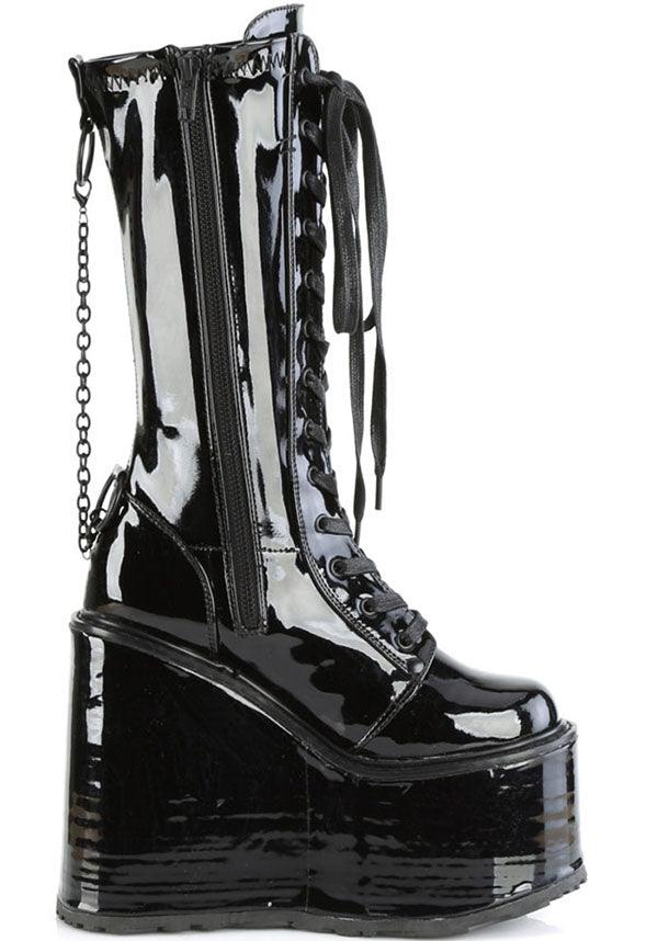 SWING-150 [Black Patent] | PLATFORM BOOTS [PREORDER] - Beserk - all, all ladies, black, boots, boots [preorder], chain, clickfrenzy15-2023, demonia, demonia shoes, discountapp, fp, goth, gothic, labelpreorder, labelvegan, lace up, ladies, mid calf boots, patent, platform, platform boots, platforms, platforms [preorder], pleaserimageupdated, ppo, preorder, shiny, shoes, vegan