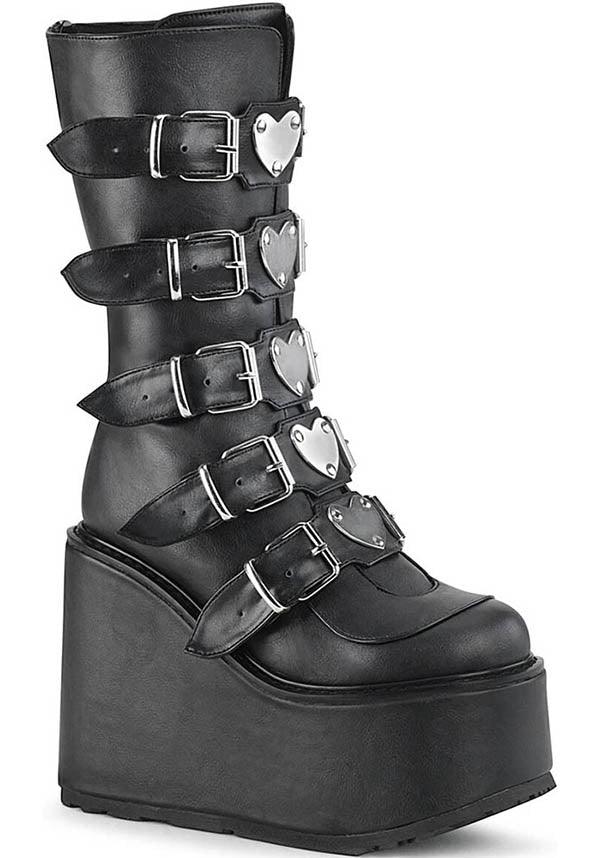 SWING-230 [Black] | PLATFORM BOOTS [PREORDER] - Beserk - all, black, boot, boots, boots [preorder], buckle, buckle up, buckles, clickfrenzy15-2023, demonia, discountapp, fp, heart, jan19, labelpreorder, labelvegan, ladies, long boots, mid calf boots, platform boots, platforms, platforms [preorder], PPO, preorder, shoes, vegan