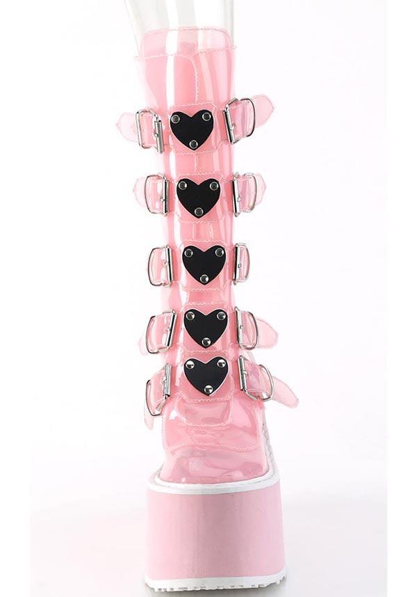 SWING-230C [Baby Pink TPU] | PLATFORM BOOTS [PREORDER] - Beserk - all, boots, boots [preorder], clickfrenzy15-2023, demonia, demonia shoes, discountapp, fp, googleshopping, heart, knee high boots, labelpreorder, labelvegan, pink, platform boots, platforms, platforms [preorder], ppo, preorder, shoes, vegan
