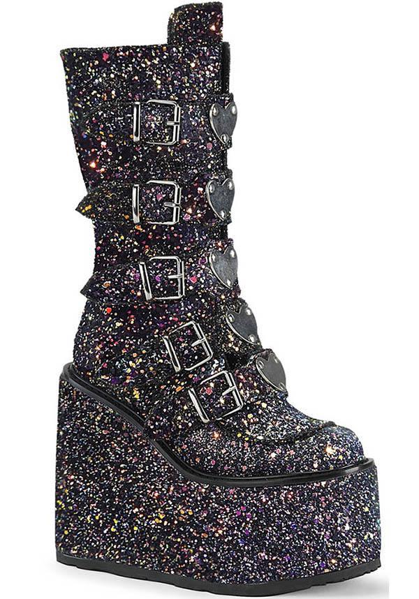 SWING-230G [Black Multi Glitter] | PLATFORM BOOTS [PREORDER] - Beserk - all, black, boots, boots [preorder], clickfrenzy15-2023, demonia, demonia shoes, discountapp, fp, glitter, jan19, labelpreorder, labelvegan, pastel goth, platforms, platforms [preorder], pleaserimageupdated, ppo, preorder, shoes, swing-230, vegan