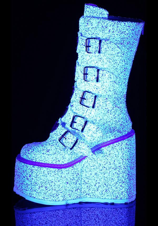 SWING-230G [White Multi Glitter] | PLATFORM BOOTS [PREORDER] - Beserk - all, boot, boots, boots [preorder], buckle, buckle up, buckles, clickfrenzy15-2023, demonia, demonia shoes, discountapp, fp, glitter, heart, jan19, kawaii, labelpreorder, labelvegan, long boots, mid calf boots, pastel goth, platform, platform boots, platforms, platforms [preorder], pleaserimageupdated, ppo, preorder, shoes, vegan, white