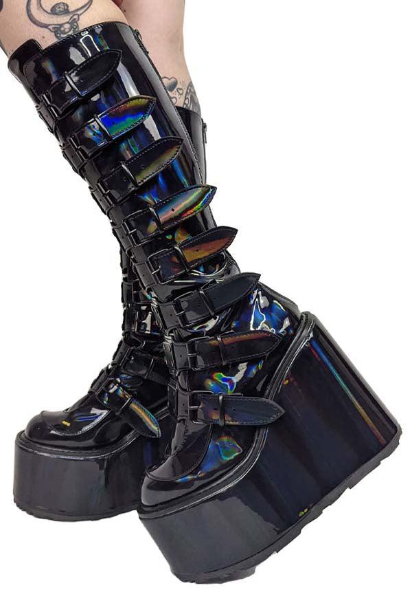 SWING-815 [Black Holographic Patent] | PLATFORM BOOTS [PREORDER] - Beserk - all, all ladies, black, boots, boots [preorder], clickfrenzy15-2023, demonia, demonia shoes, discountapp, fp, goth, gothic, holo, holographic, knee high boots, labelpreorder, labelvegan, ladies, long boots, platform boots, platforms, platforms [preorder], ppo, preorder, shoes, vegan