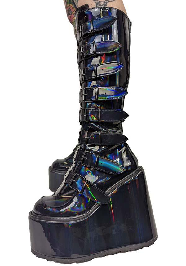 SWING-815 [Black Holographic Patent] | PLATFORM BOOTS [PREORDER] - Beserk - all, all ladies, black, boots, boots [preorder], clickfrenzy15-2023, demonia, demonia shoes, discountapp, fp, goth, gothic, holo, holographic, knee high boots, labelpreorder, labelvegan, ladies, long boots, platform boots, platforms, platforms [preorder], ppo, preorder, shoes, vegan
