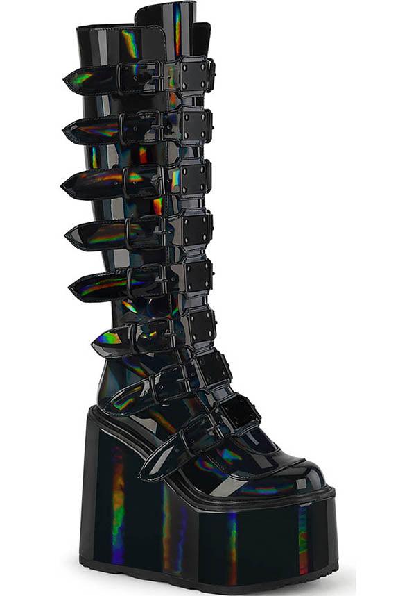 SWING-815 [Black Holographic Patent] | PLATFORM BOOTS [PREORDER] - Beserk - all, all ladies, black, boots, boots [preorder], clickfrenzy15-2023, demonia, demonia shoes, discountapp, fp, goth, gothic, holo, holographic, knee high boots, labelpreorder, labelvegan, ladies, long boots, platform boots, platforms, platforms [preorder], ppo, preorder, shoes, vegan